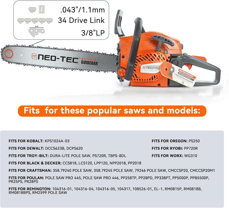 NEO-TEC 8 Inch Chainsaw Chain,3/8"LP Pitch,.043" Gauge 34 Drive Links R34 Replacement Chainsaw and Pole Saw Chain Fits for DeWalt DCPS620 Poulan Remington and More(3 Chains） - Image 4